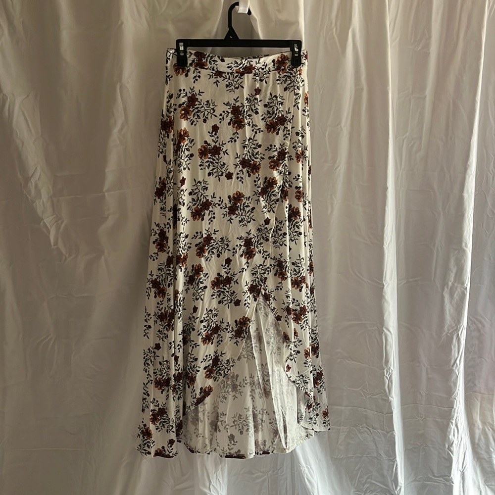 Cream, burnt orange, orange & green leaves flower front wrap maxi skirt